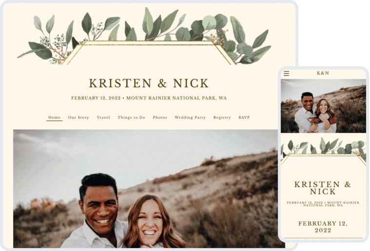 A wedding website with eucalyptus leaves and a photo of a smiling couple includes pages for your story, travel info, registry, RSVP and more.