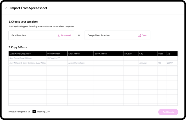 A screen for adding multiple guests at once by copying and pasting guest info from a spreadsheet template.