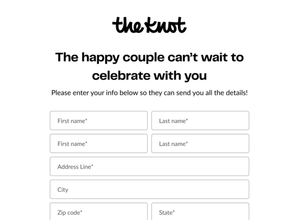 The Knot address collection form with fields for guests to provide their contact info.