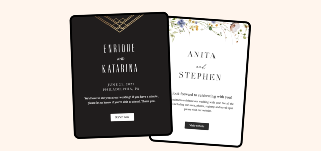 An email template that matches Glistening Wildflower white wedding invitations and links to a matching website.