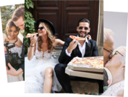 A smiling couple in wedding attire eating pizza.