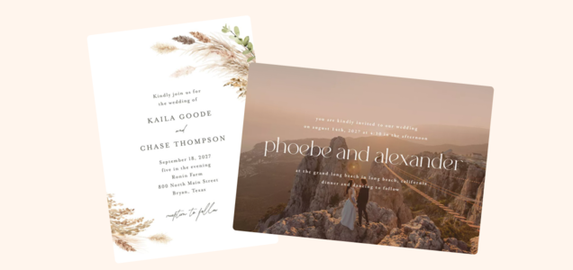 Striking Scene wedding invitation with white text on a photo background.