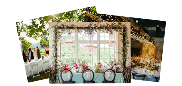 A reception venue with large windows, chandeliers, and lush greenery.