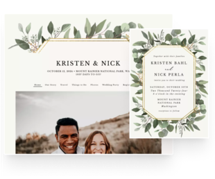 Eucalyptus Frame wedding website design with matching invitation.