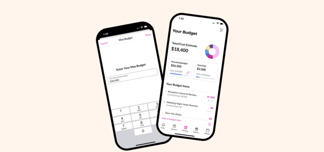 Mobile screens showing cost estimates in a wedding budget calculator.