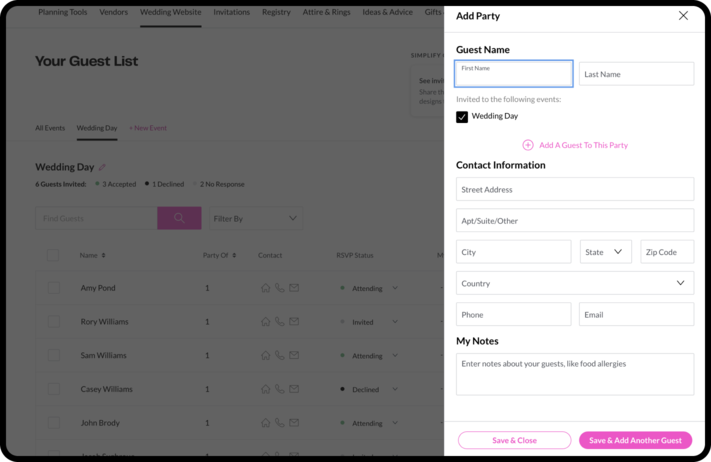 A screen with fields for adding a guest’s name, events they’re invited to, contact info and notes. Add more names to group guests by household or family.