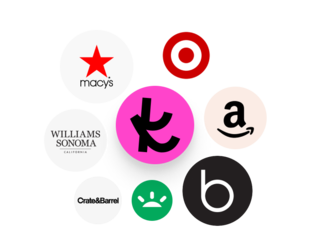 A graphic of The Knot logo surrounded by store logos including Williams Sonoma, Macy’s, Target, Amazon, Crate & Barrel, Pottery Barn and Bloomingdale’s.